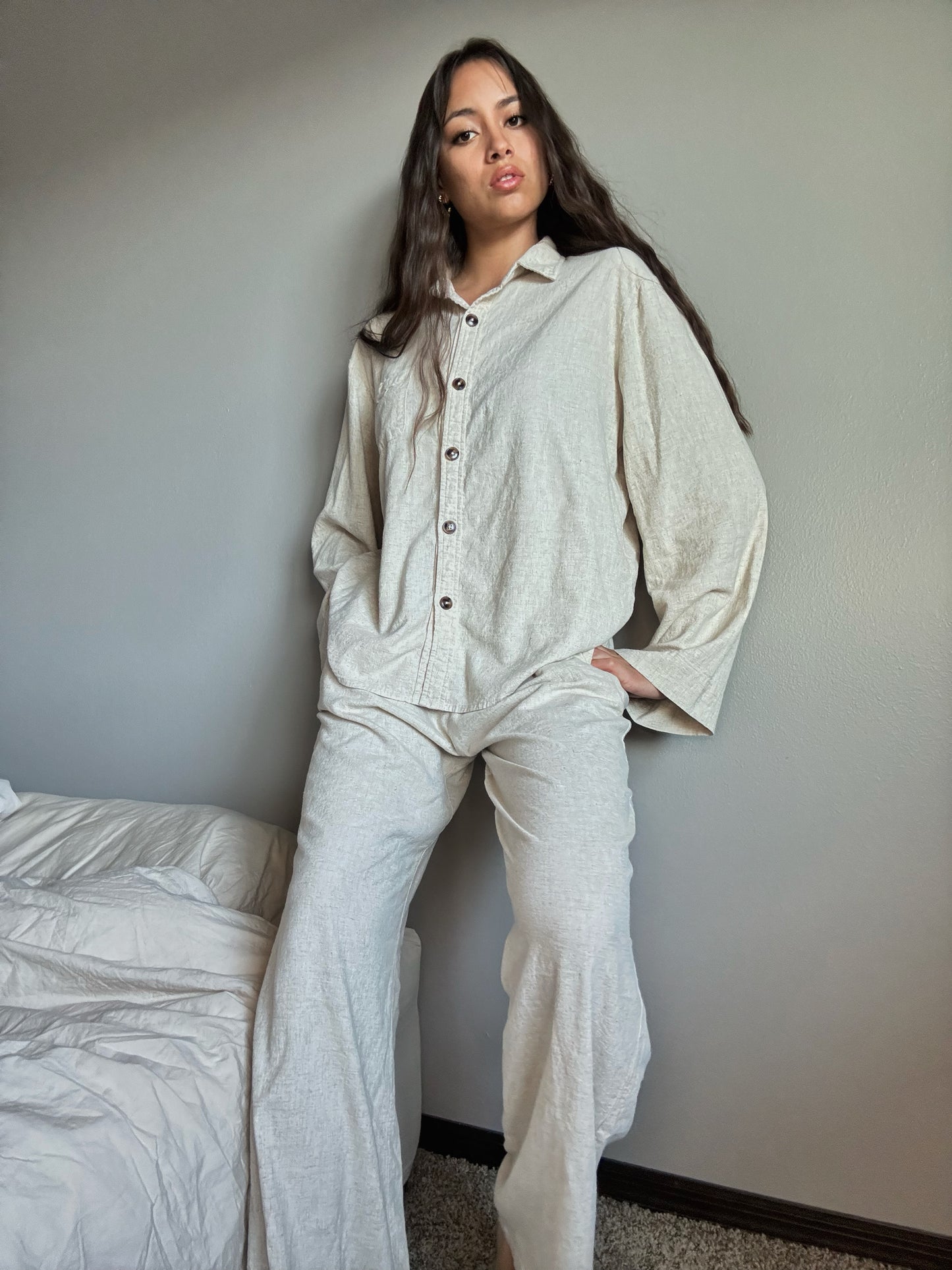 Klassic eM Beige Linen Matching Set— Neutral 100% Linen Two-Piece Outfit